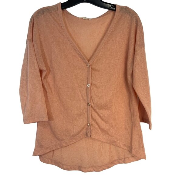 e & m 3/4 sleeve shirt sheer v-neck button up high low peach medium READ - Picture 1 of 8